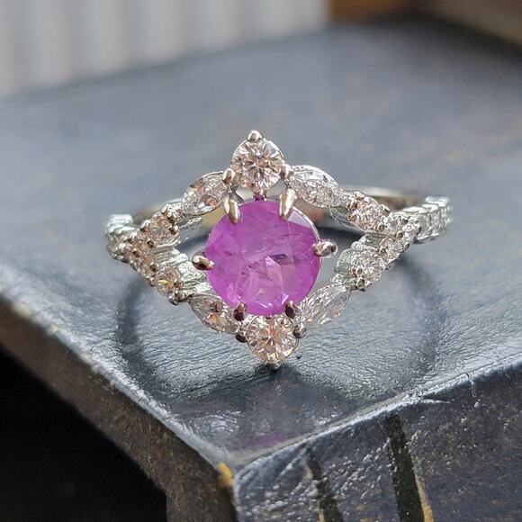 Elegant Rhodium-Plated Size 9 Ring with Simulated Amethyst and Clear Stones - Picture 3 of 12